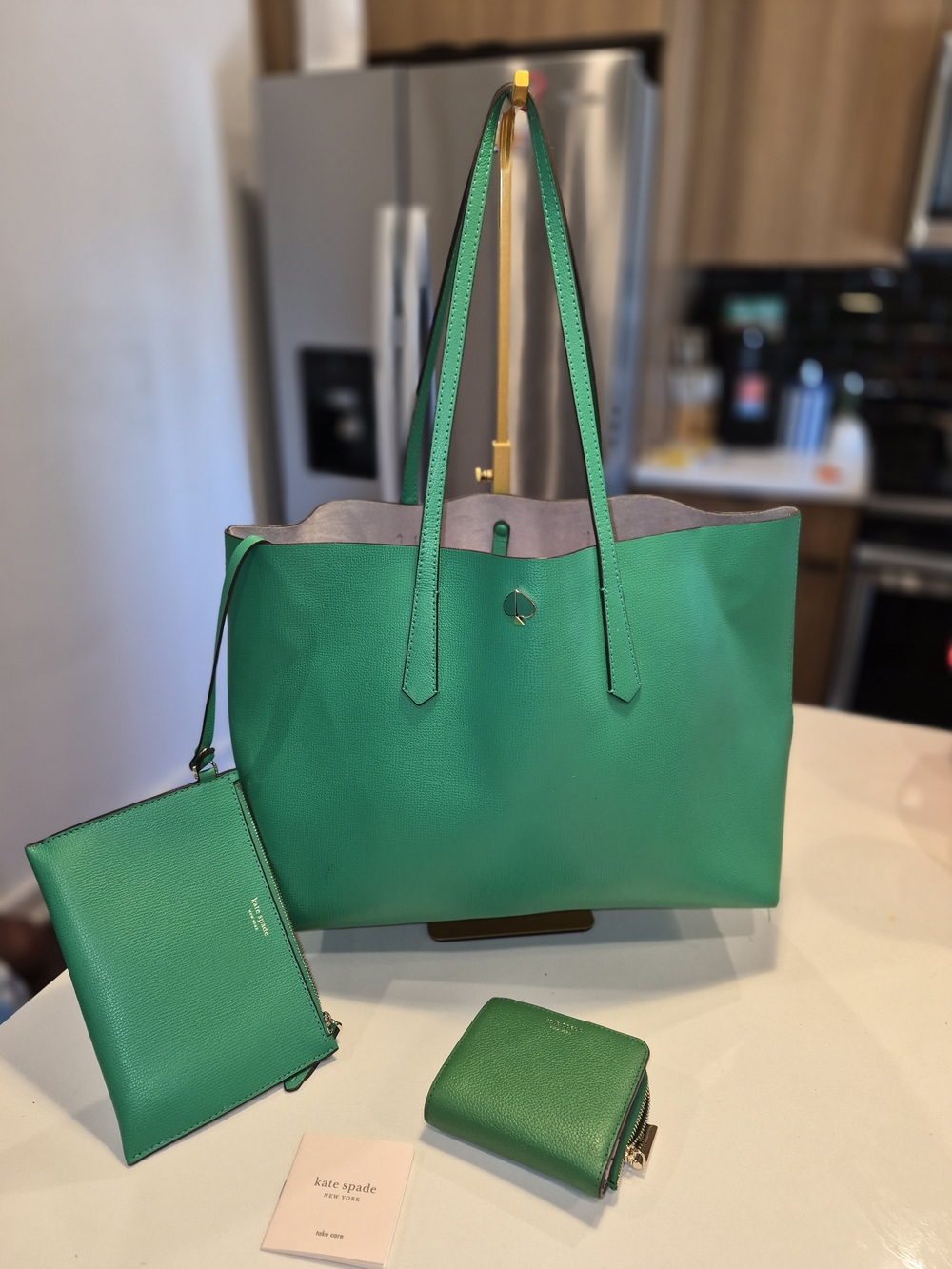 Kate Spade Green Leather Tote Bag with Matching Pouch and Wallet